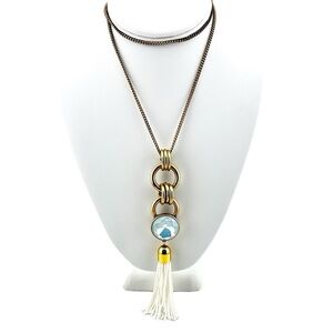 J Crew Necklace, Long Gold Tone and White Tassel Pendant with Iridescent Stone
